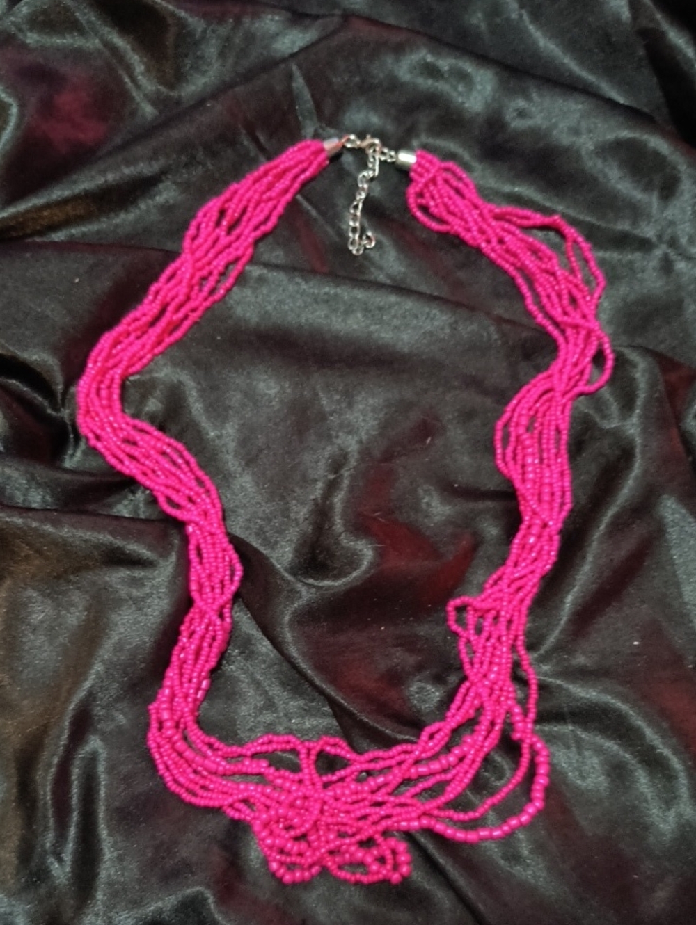Sterling Silver 32" 9-strand  Handmade Fuscia Seed Beaded  Necklace